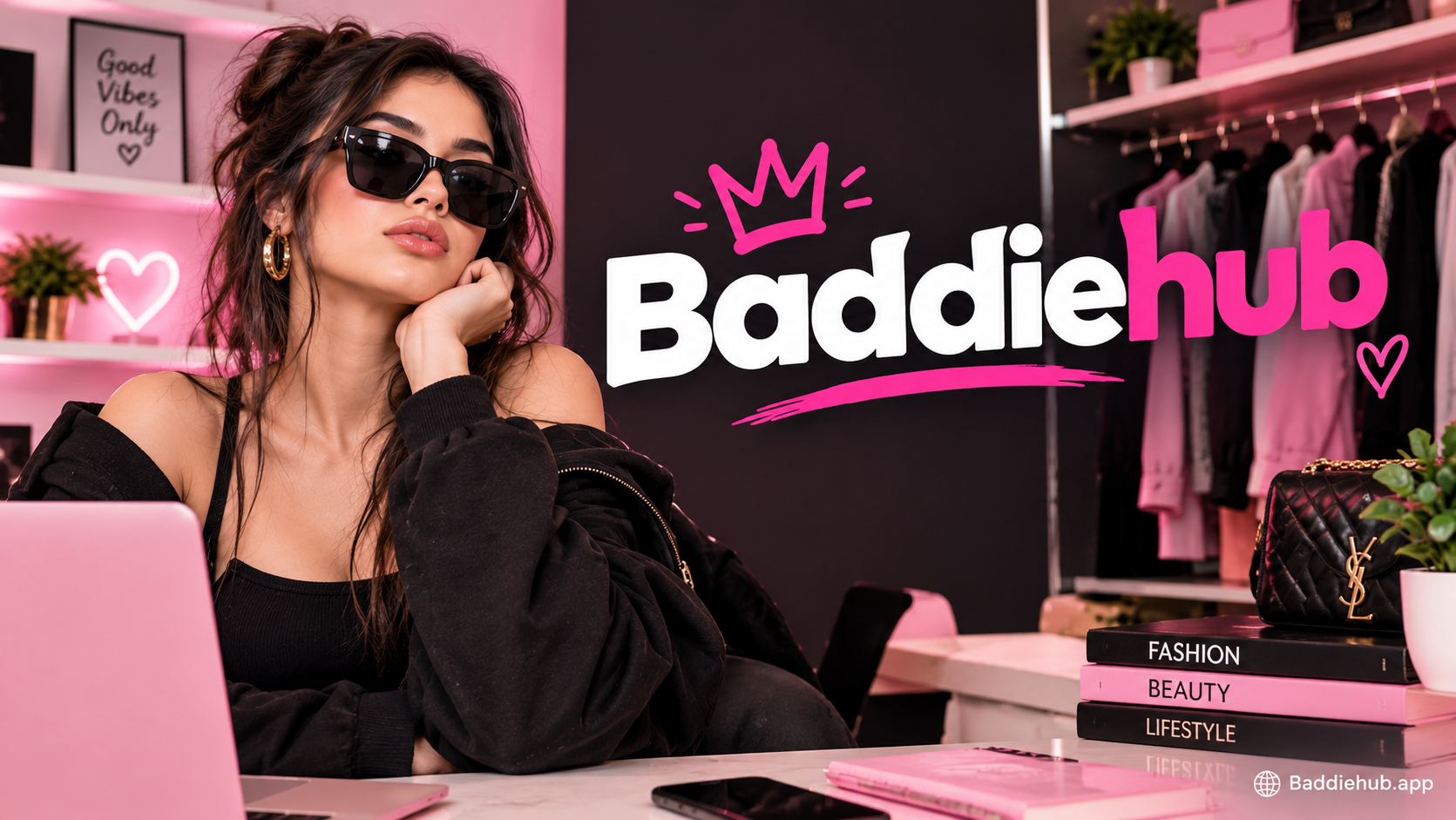 Baddiehub fashion banner featuring a stylish woman, pink and black decor, and Baddiehub.app watermark