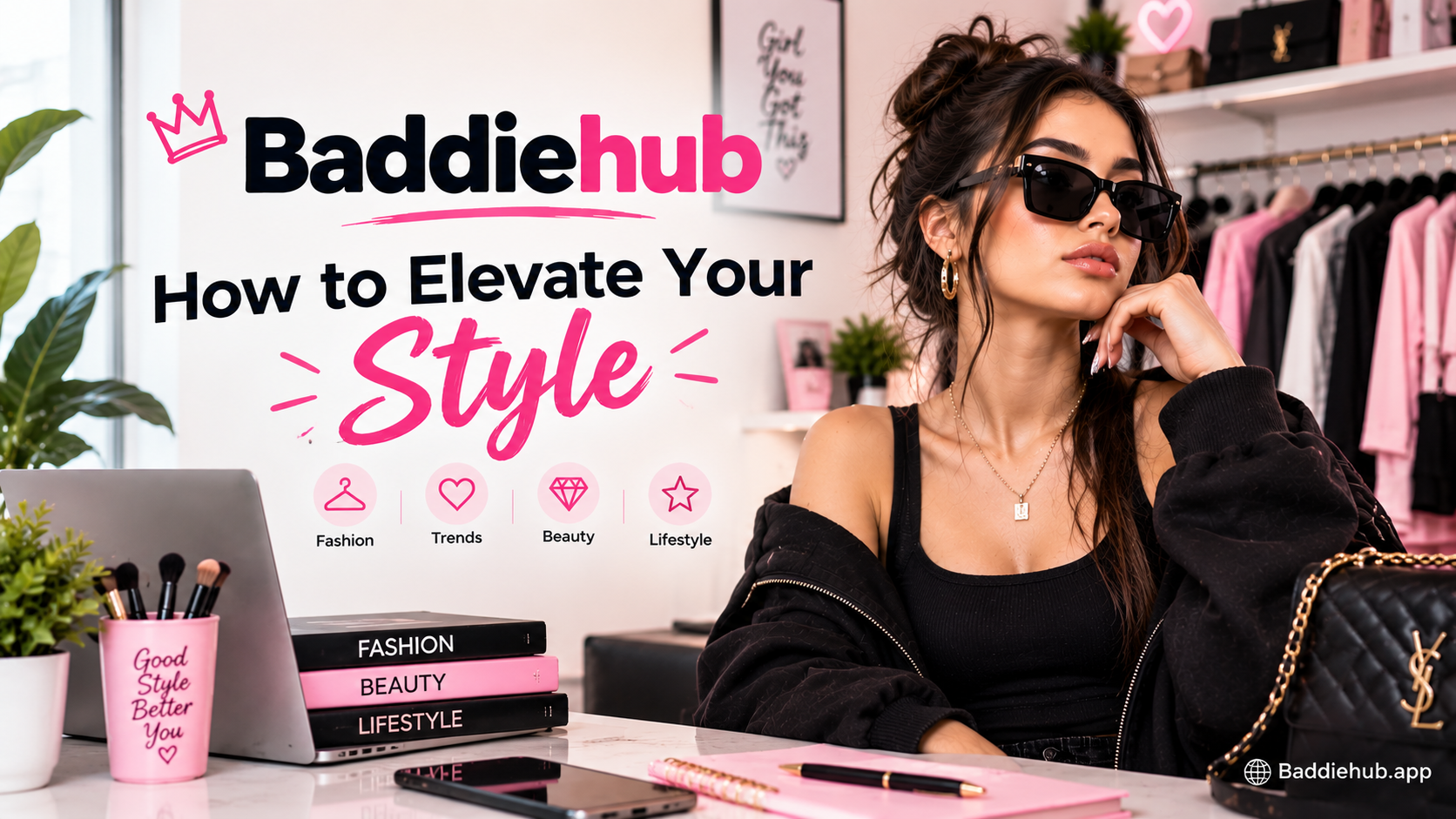 Baddiehub style guide featuring a fashionable woman in black streetwear, sunglasses, and a pink fashion-themed setting.